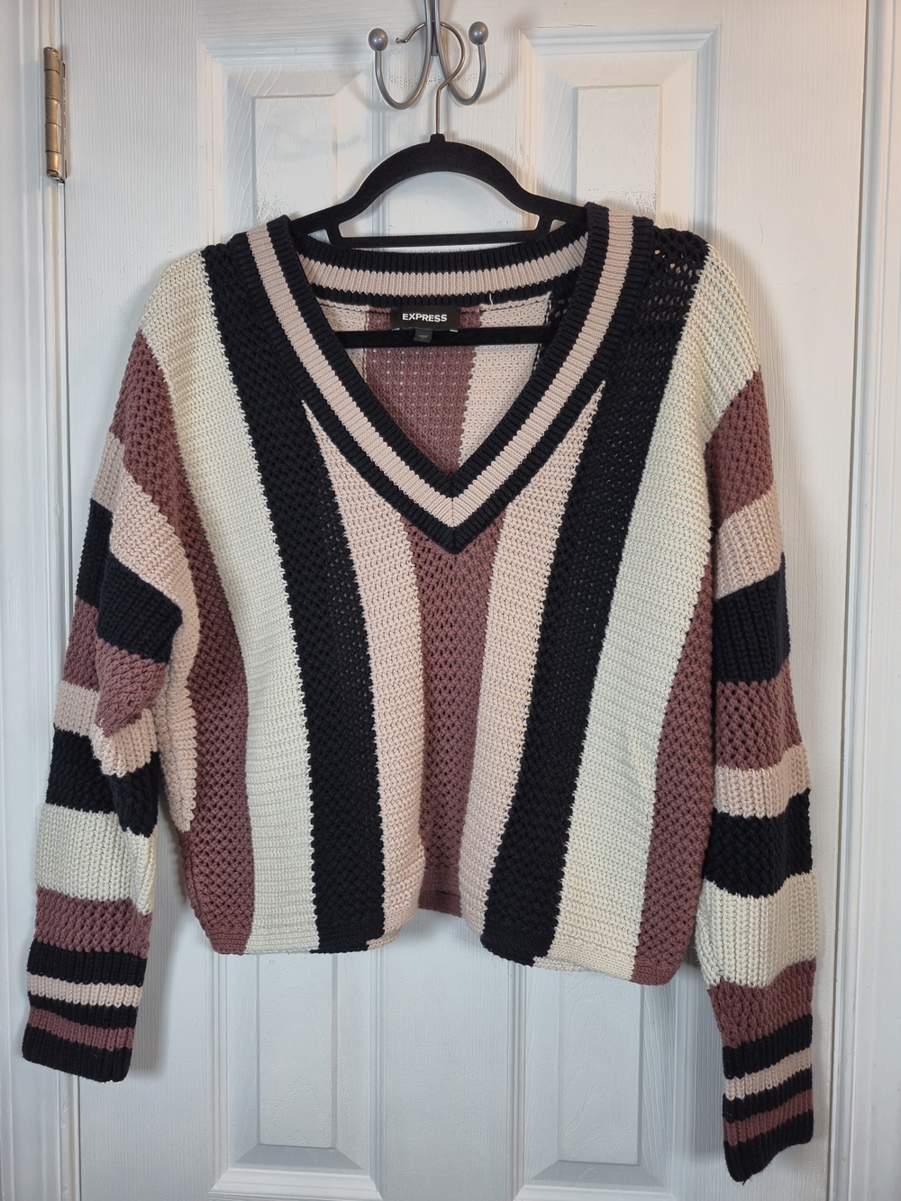 Express Striped Crochet Knit V-Neck Sweater Mauve Black Cream Boho Open Stitch M